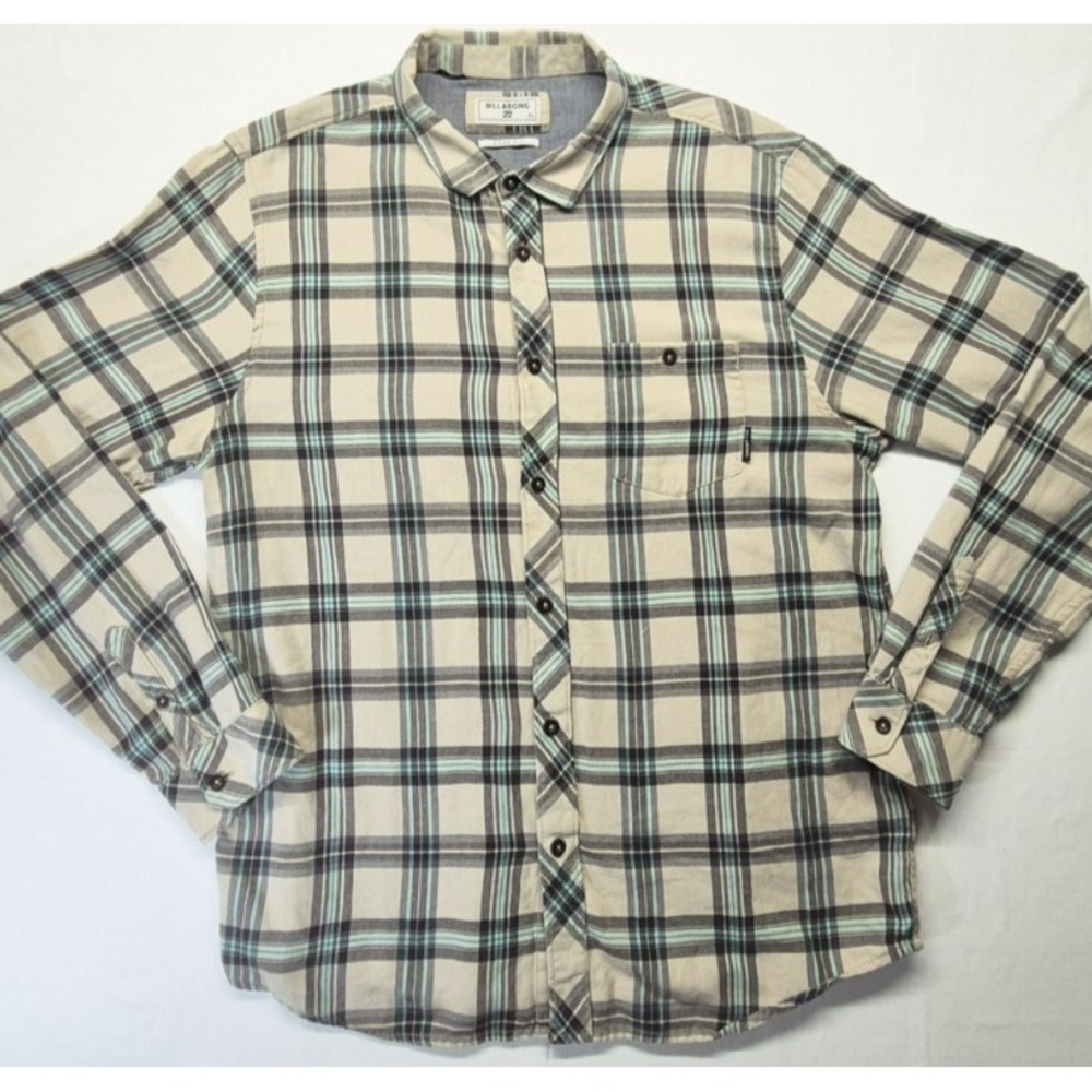 Billabong Core Fit men's tan/blk/blue plaid long sleeve button down shirt sz. XL